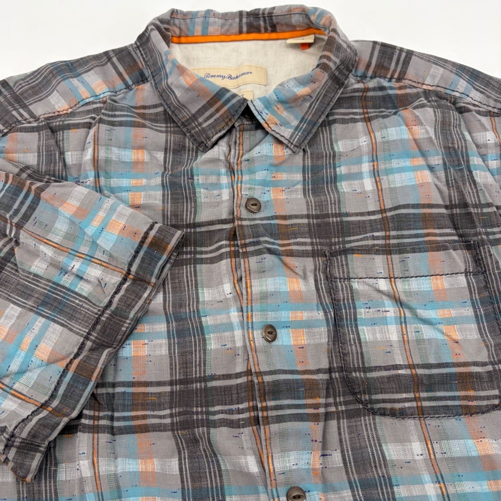 Tommy Bahama‎ Mens Large 100% Silk Plaid Short Sleeve Button Up Shirt Grey Blue